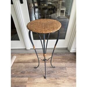 Retro Wrought Iron Metal & Woven Rattan Pedestal Stand - 30” H x 12” W